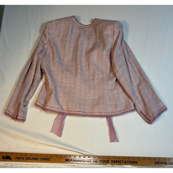 Nipon Boutique Pink Tweed Chiffon Tie Front Blazer Plus Size 18 Frayed Trim - Picture 3 of 4